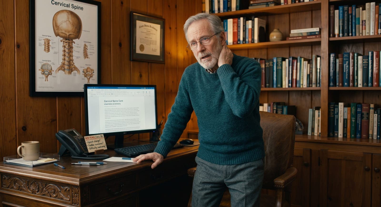 An older man steadying himself at his desk and holding the back of his neck, a cervical spine chart on the wall behind him.
