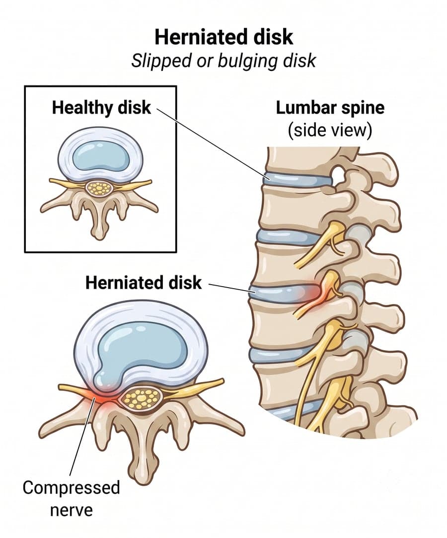 Anatomical diagram comparing a healthy spinal disc to a herniated disc compressing a nerve, with a side view of the lumbar spine.