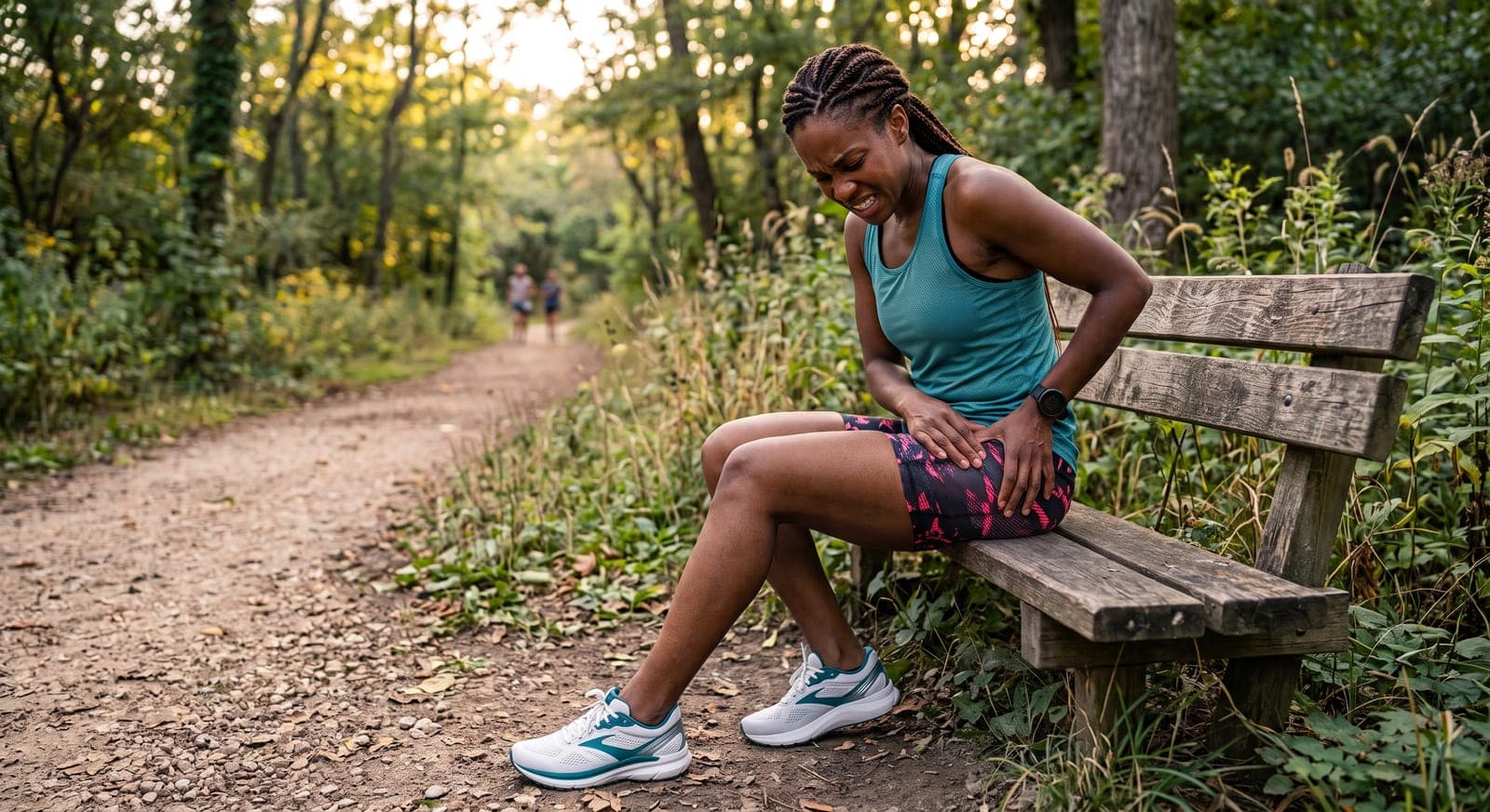 A runner sitting on a trailside bench, wincing and pressing a hand against the outside of her hip.