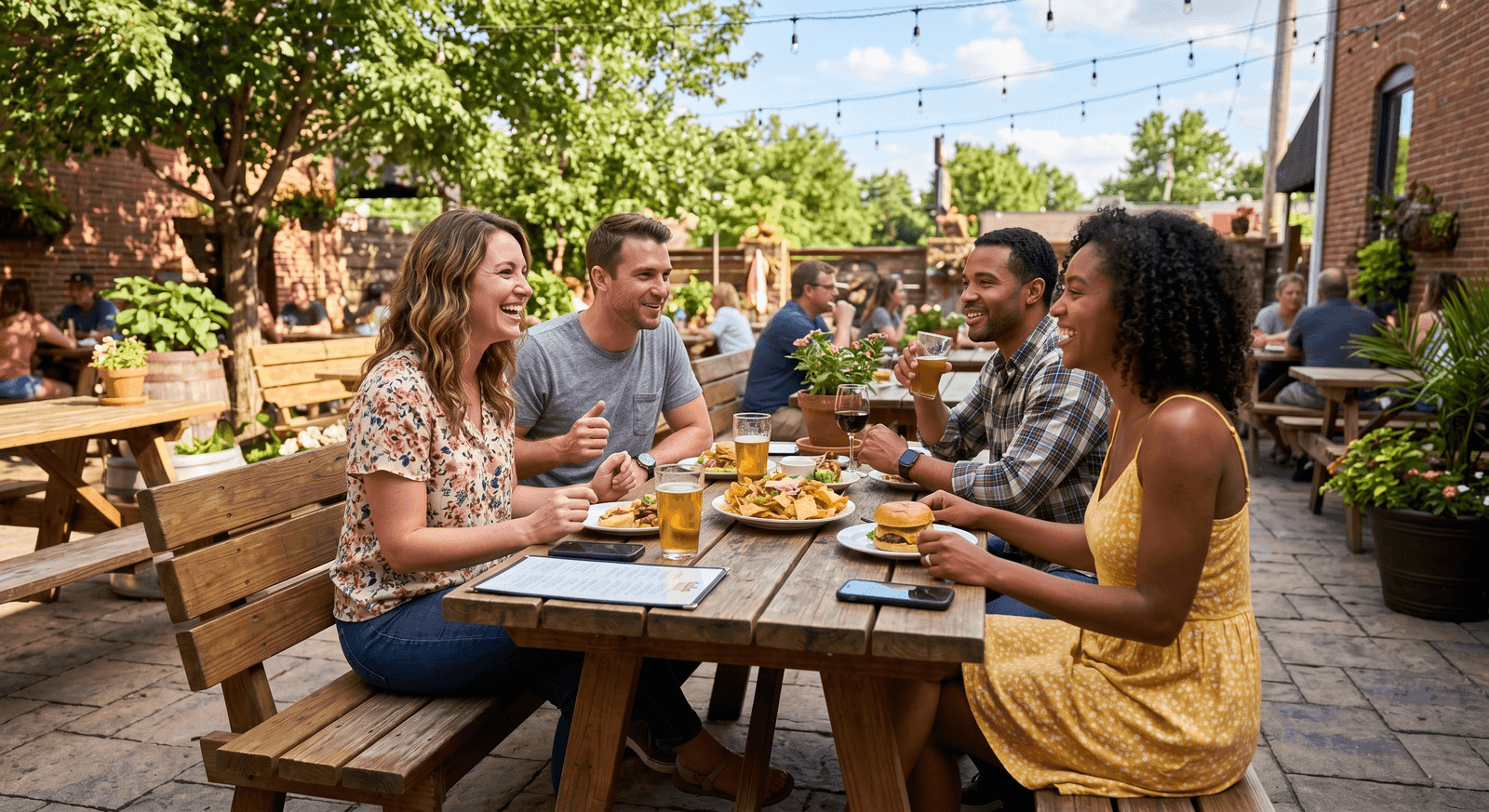 Four friends laughing around a wooden picnic table on a string-lit restaurant patio on a summer evening in Cottleville.