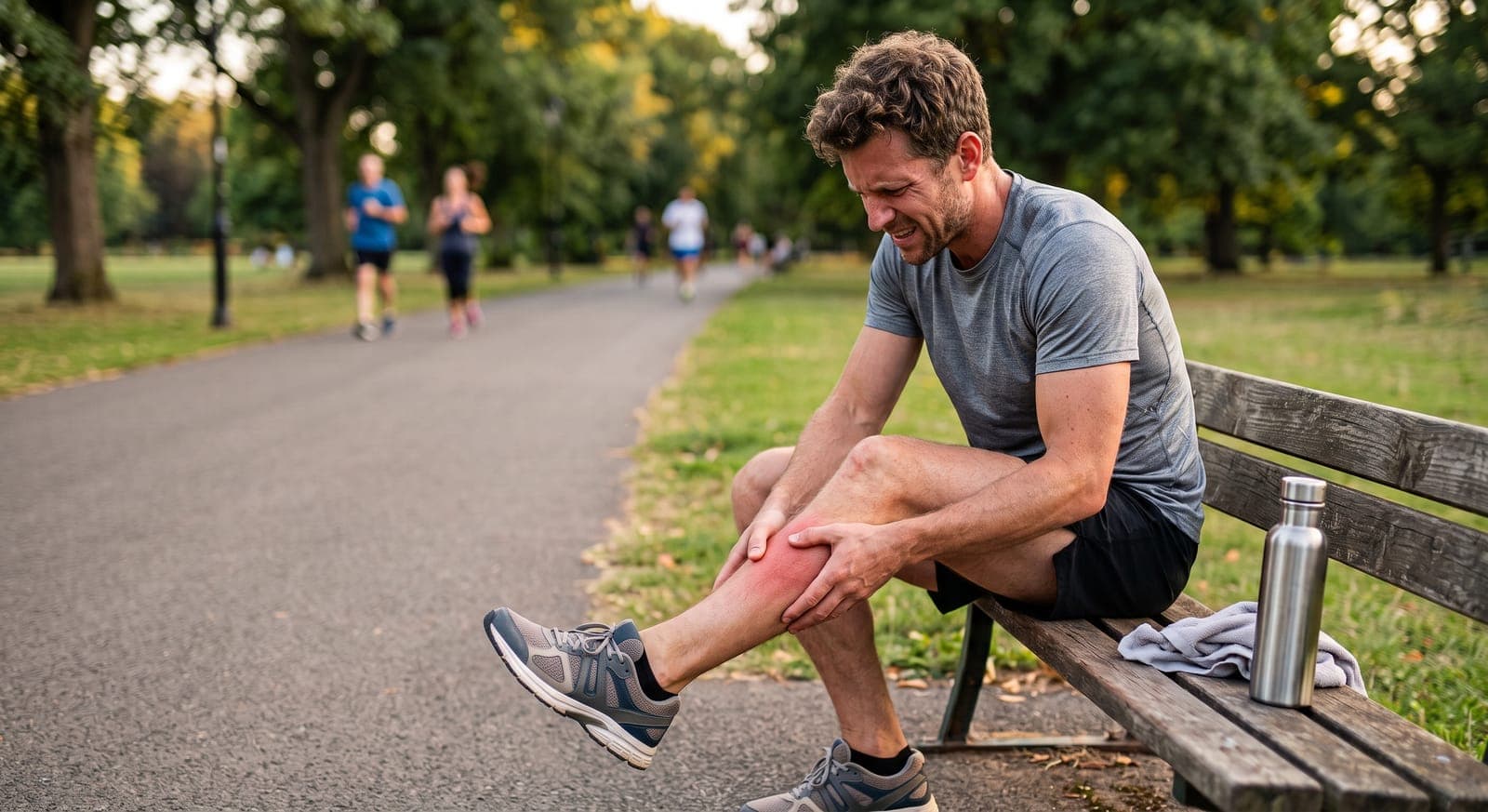 A runner sitting on a park bench gripping his aching shin, other runners passing on the path behind him.