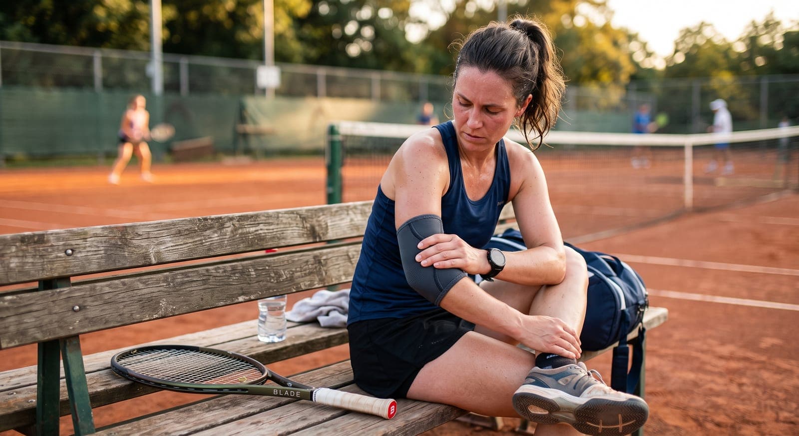 A tennis player sitting on a courtside bench, checking the compression sleeve on her sore elbow.