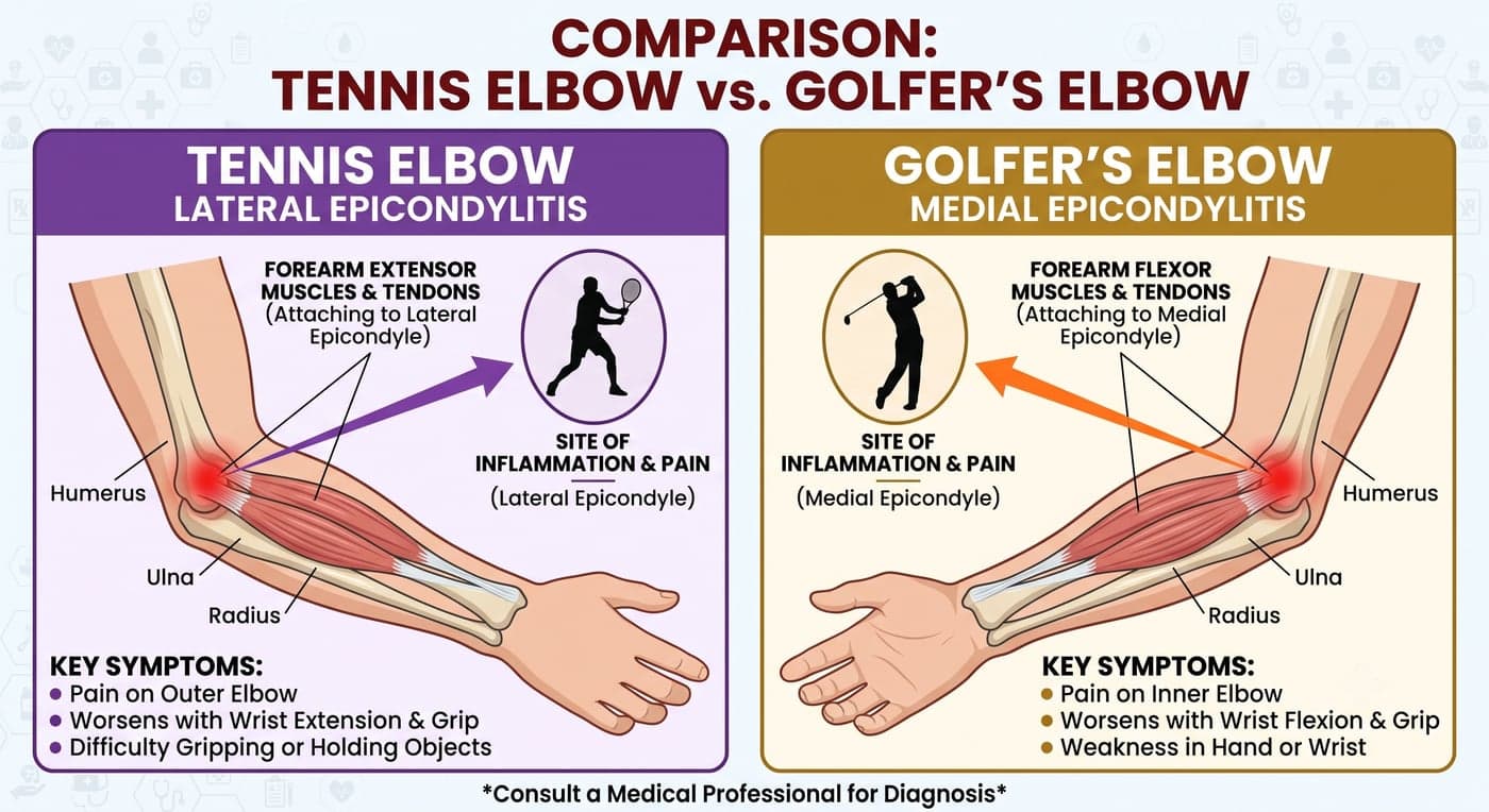 Comparison diagram of tennis elbow versus golfer's elbow, showing the forearm extensor muscles attaching at the outer elbow and the flexor muscles at the inner elbow, with key symptoms for each.