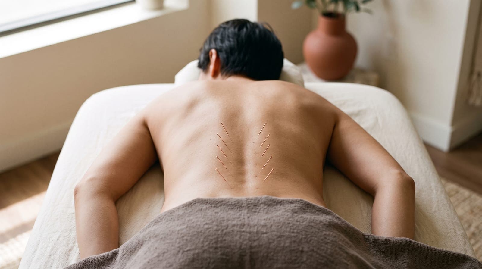 A person lying face-down on a treatment table with a symmetric row of fine acupuncture needles along either side of the lower back.