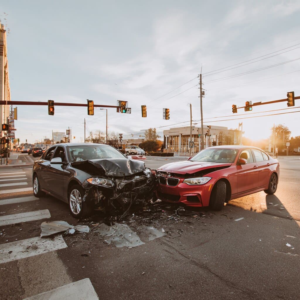 Two cars stopped after a collision at a St. Charles County intersection at sunset.