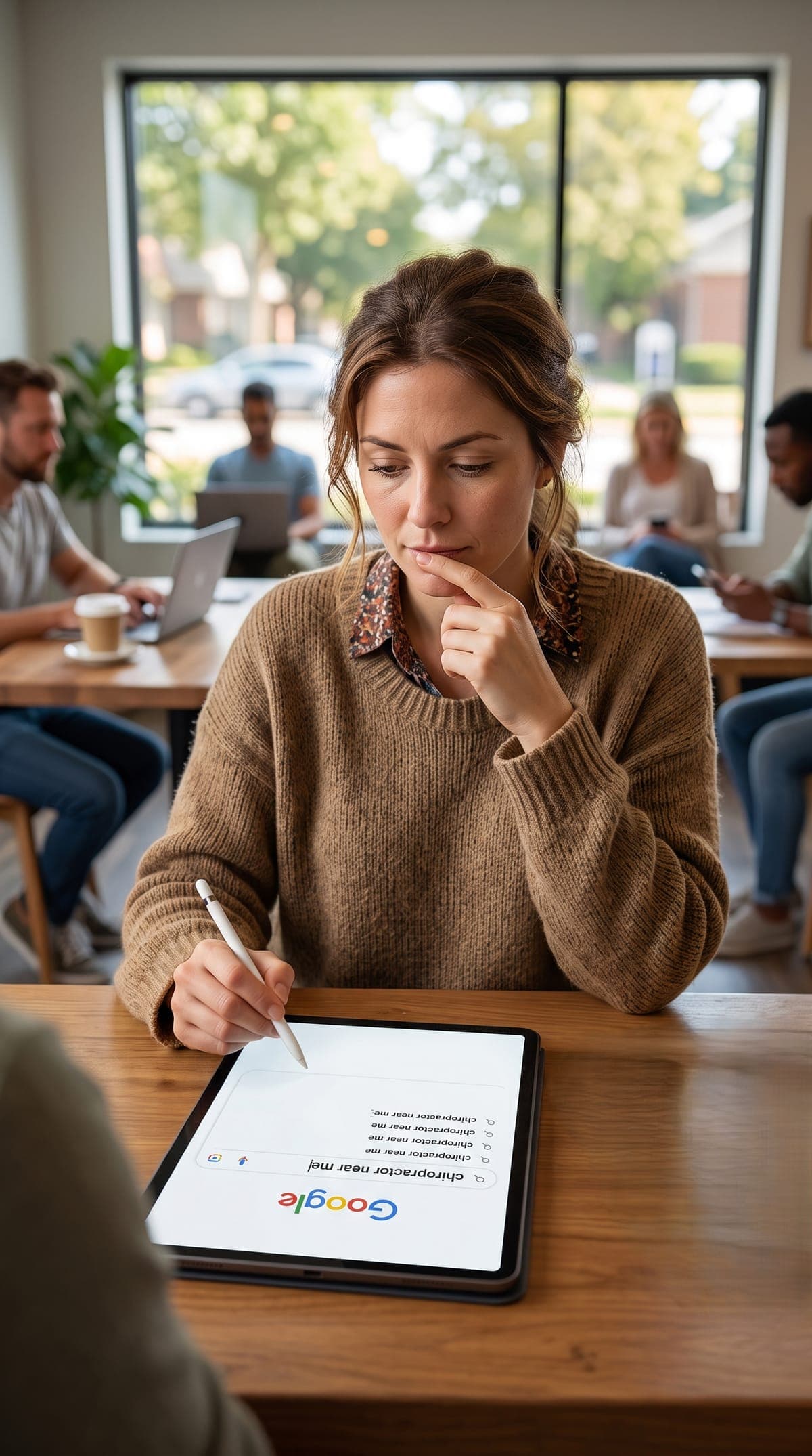 A woman sitting in a cafe, thoughtfully researching 'chiropractor near me' on a tablet while deciding where to book.
