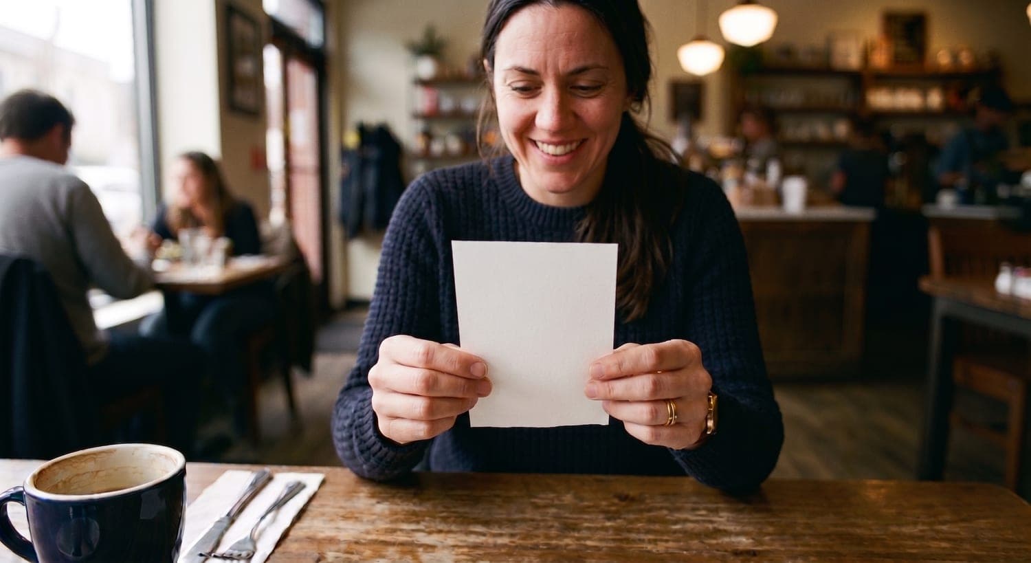 A smiling woman in a cafe holding up a small blank card, representing transparent, no-surprise pricing.