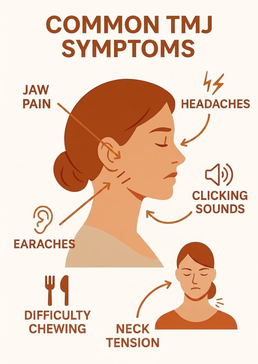 Infographic showing common TMJ symptoms: jaw pain, headaches, clicking sounds, earaches, difficulty chewing, and neck tension.