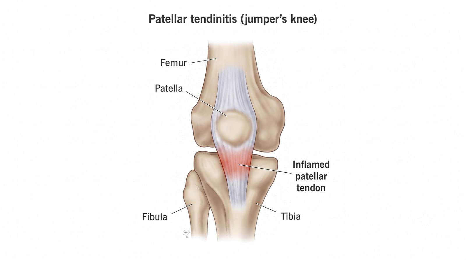 Anatomy diagram of patellar tendinitis (jumper's knee) labeling the femur, patella, tibia and fibula, with the inflamed patellar tendon highlighted below the kneecap.