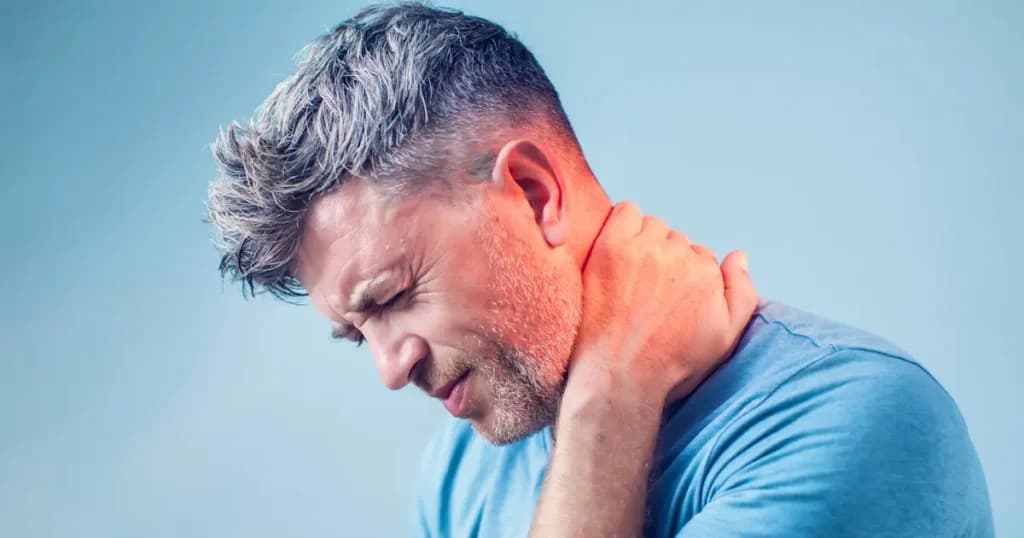 A man gripping the back of his neck in pain, the neck area highlighted to show referred headache pain.