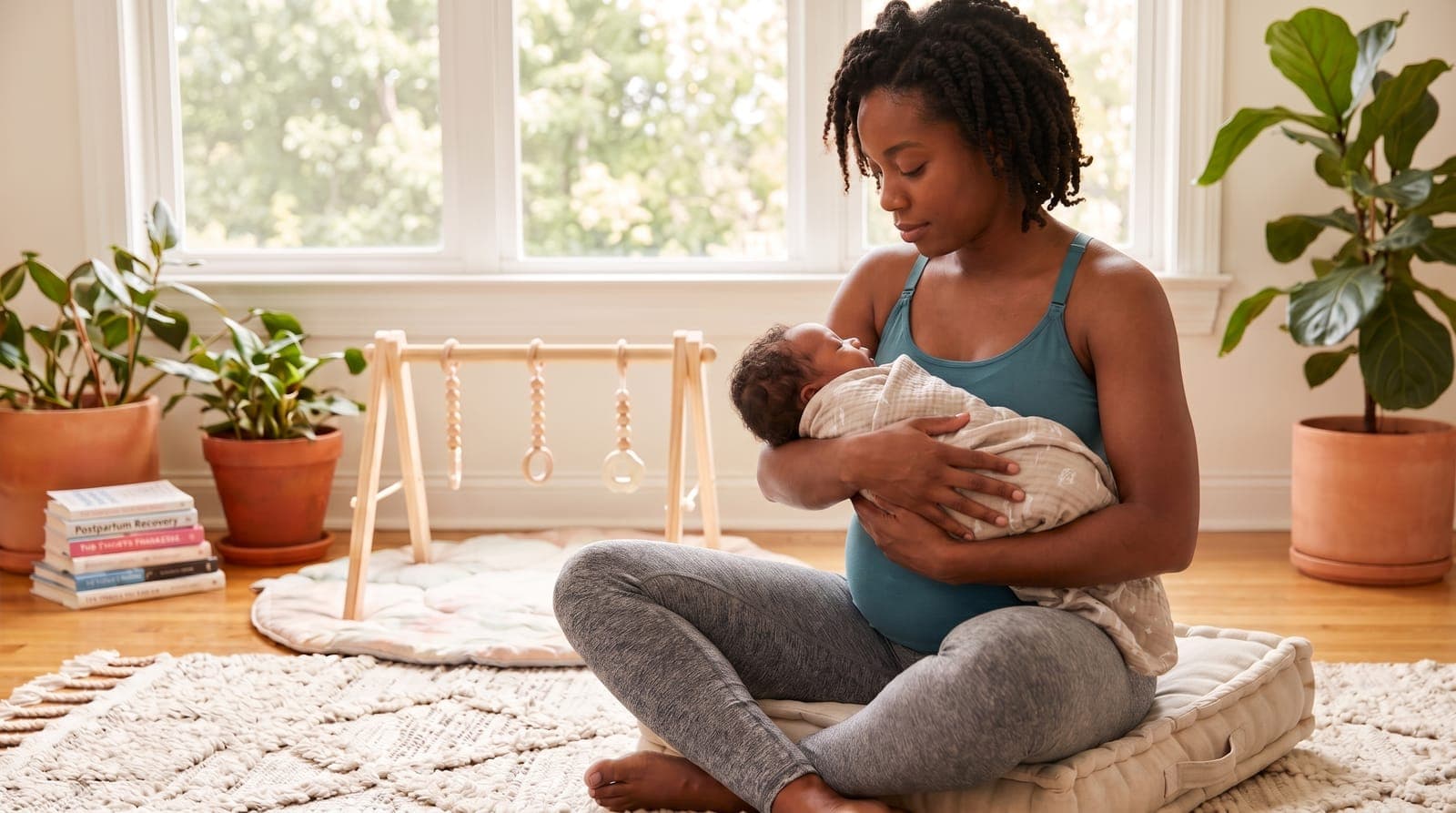 A mother sitting cross-legged on a rug at home, cradling her swaddled newborn, a wooden baby play gym behind her.