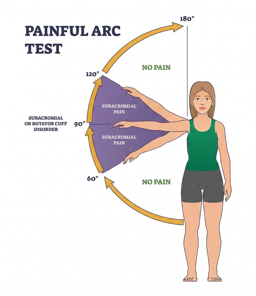 Painful arc test diagram showing a woman raising her arm from the side, with the 60-to-120-degree range marked as the zone of subacromial or rotator cuff pain.