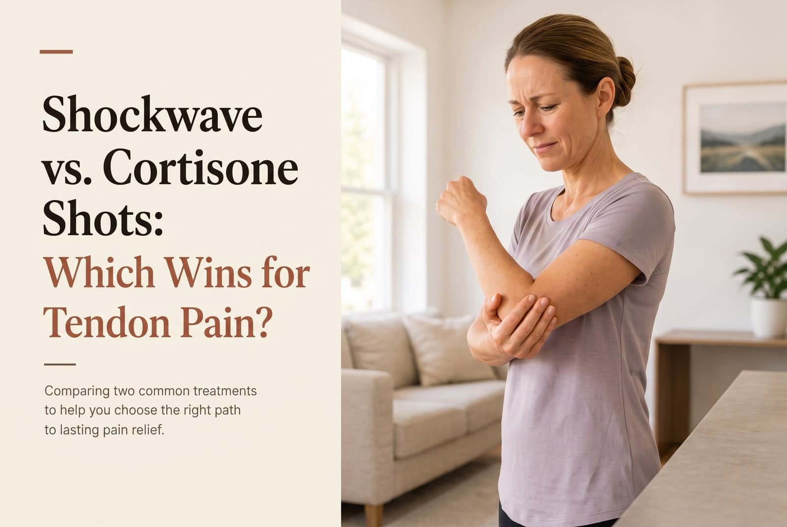 Editorial cover reading "Shockwave vs. Cortisone Shots: Which Wins for Tendon Pain?" beside a woman standing at home holding her sore elbow.
