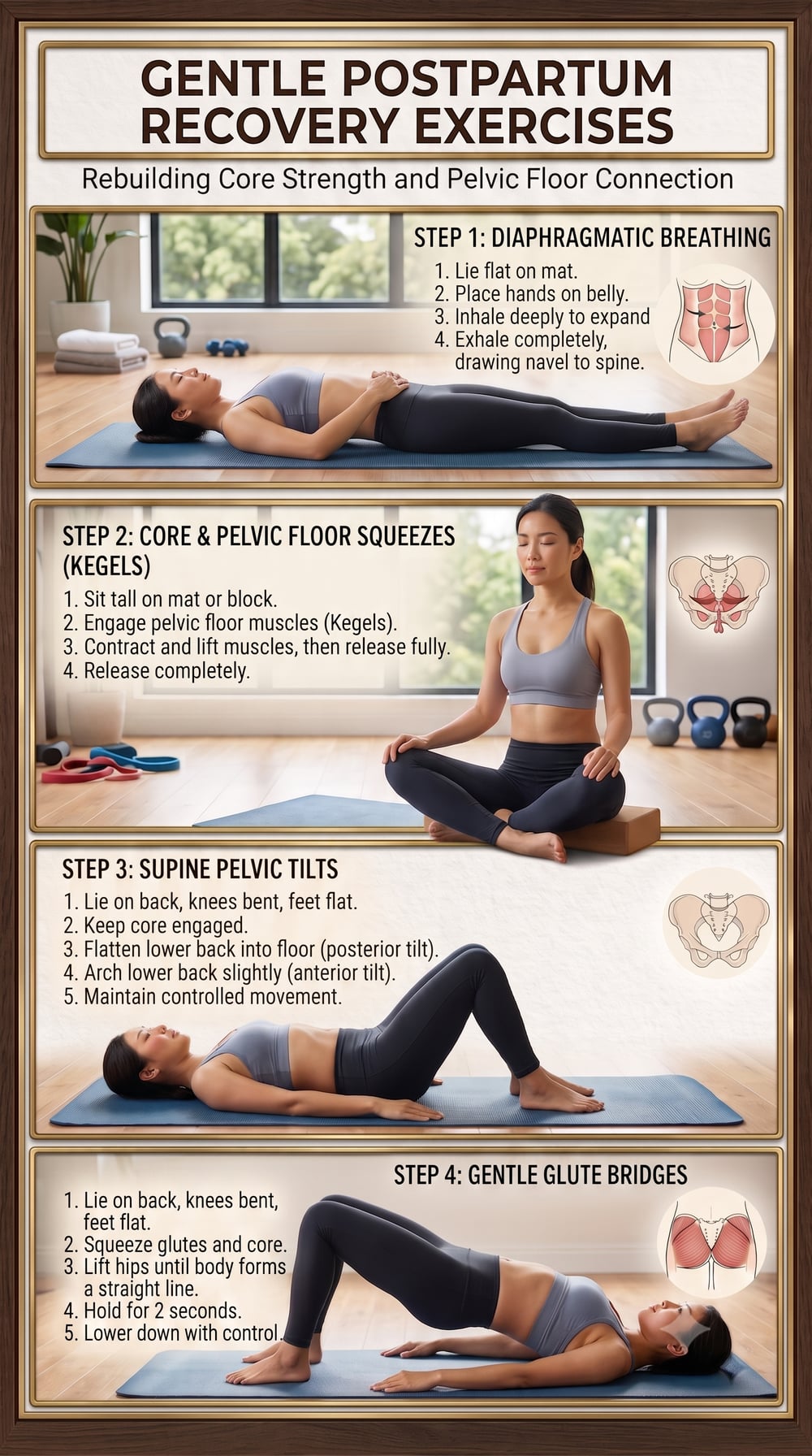 Gentle postpartum recovery exercises poster showing all four steps with instructions: diaphragmatic breathing, core and pelvic floor squeezes, supine pelvic tilts, and gentle glute bridges.