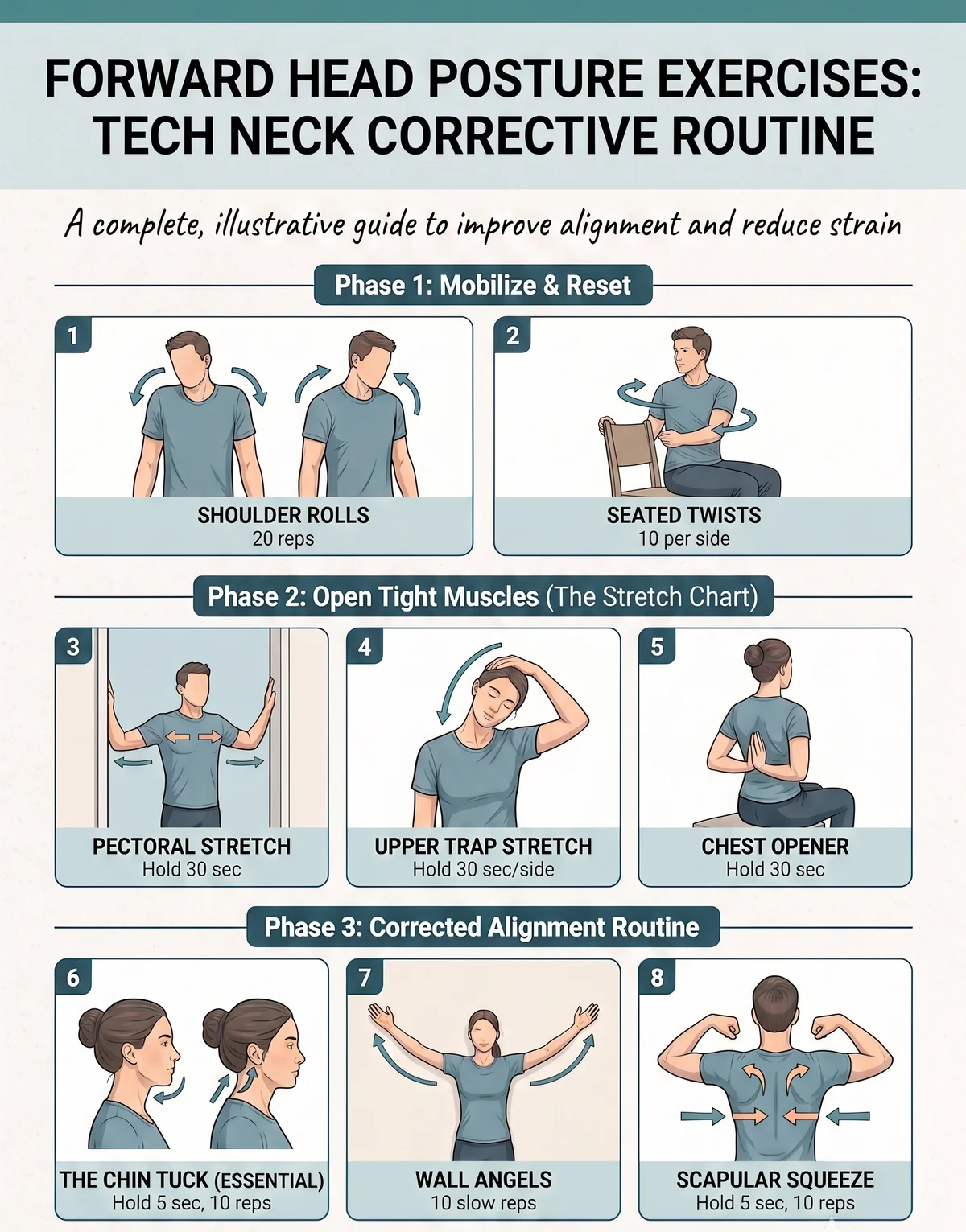 Illustrated forward-head posture routine: eight tech neck exercises across three phases — mobilize and reset, open tight muscles, and corrected alignment, including chin tucks, wall angels and pectoral stretches.